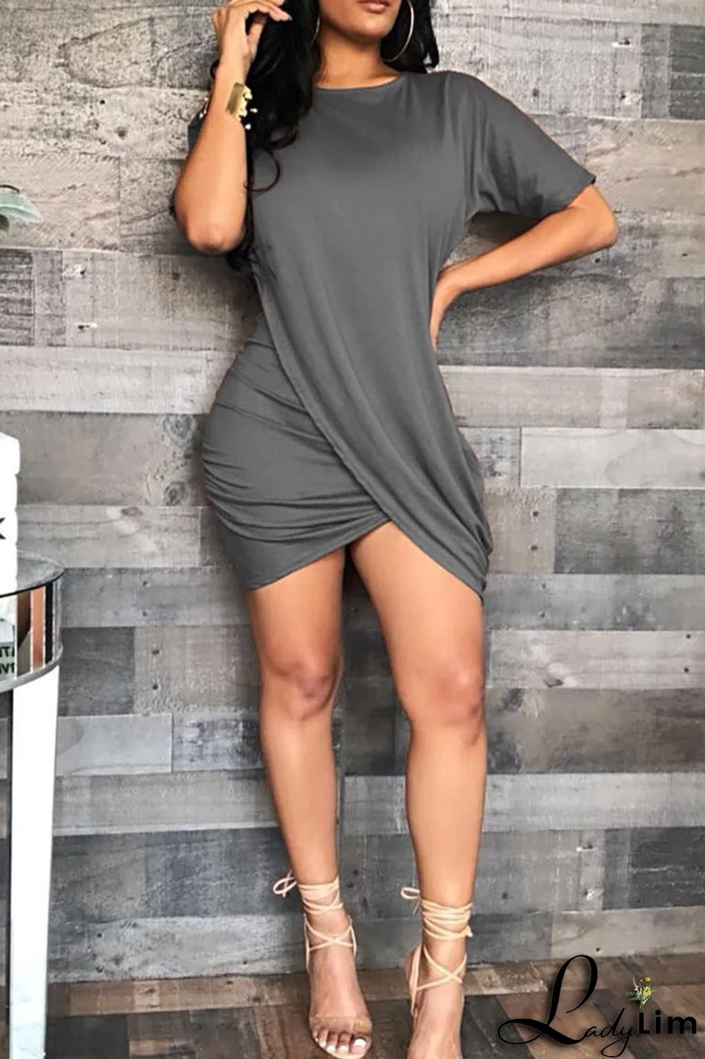 Grey Fashion Casual Solid Split Joint O Neck Short Sleeve Dress