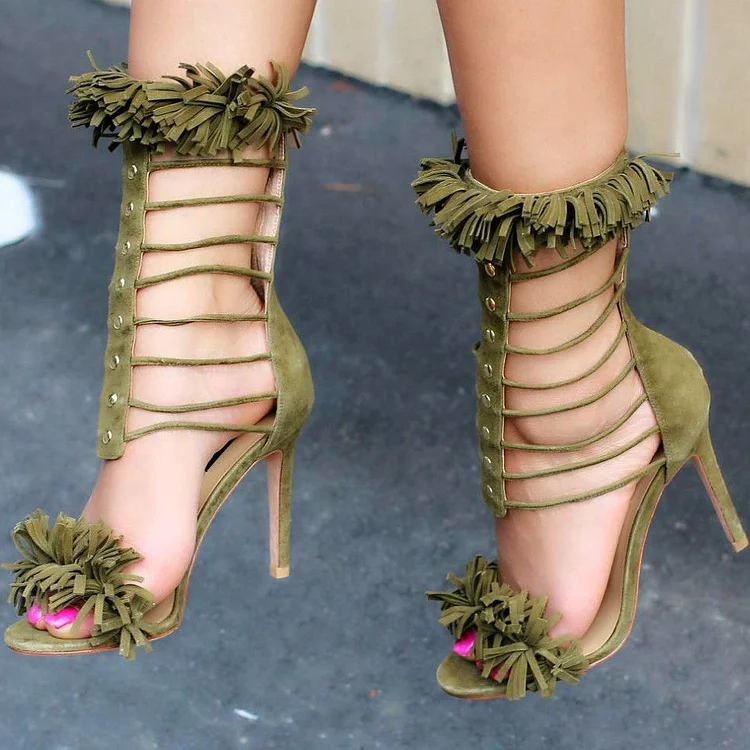 Olive Green Suede Stiletto Heel Fringe Sandals |FSJ Shoes