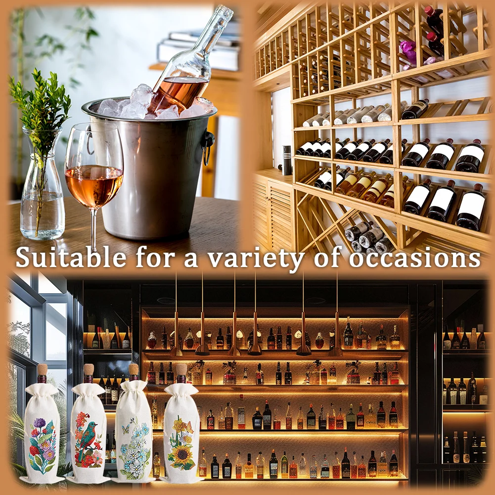4pcs DIY Diamond Painting Wine Bag Kit Rhinestones Liquor Bottle Cover (Flower)