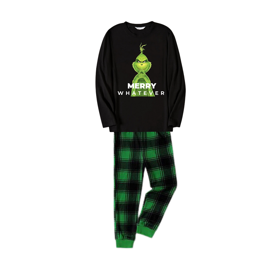 Cute Cartoon Pattern and "Merry Whatever" Slogan Printed Black Long Sleeve Top with Black And Green Plaid Pants Family Matching Pajamas