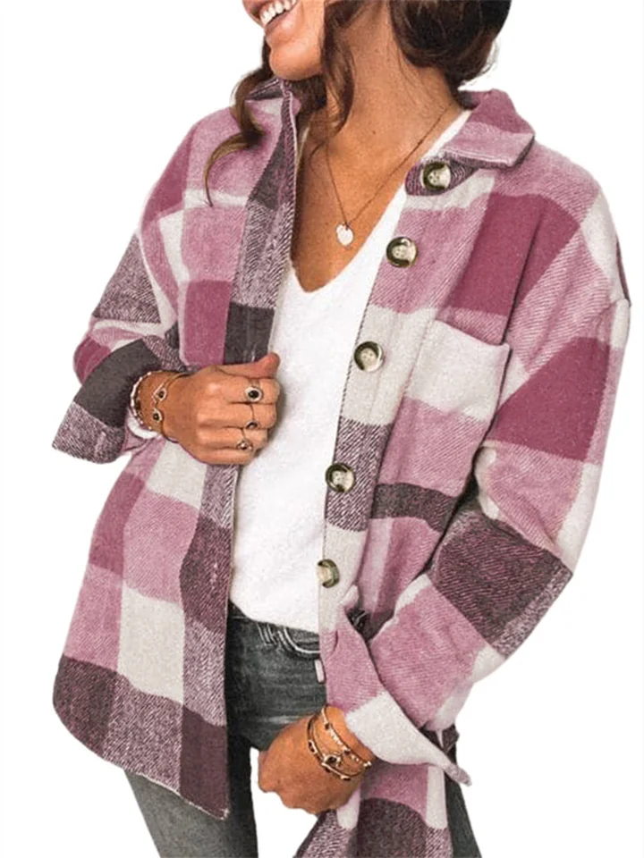 New Plaid Shirt Women's Fall and Winter New Row of Buttons Have Pockets Casual Jacket Women's Clothing
