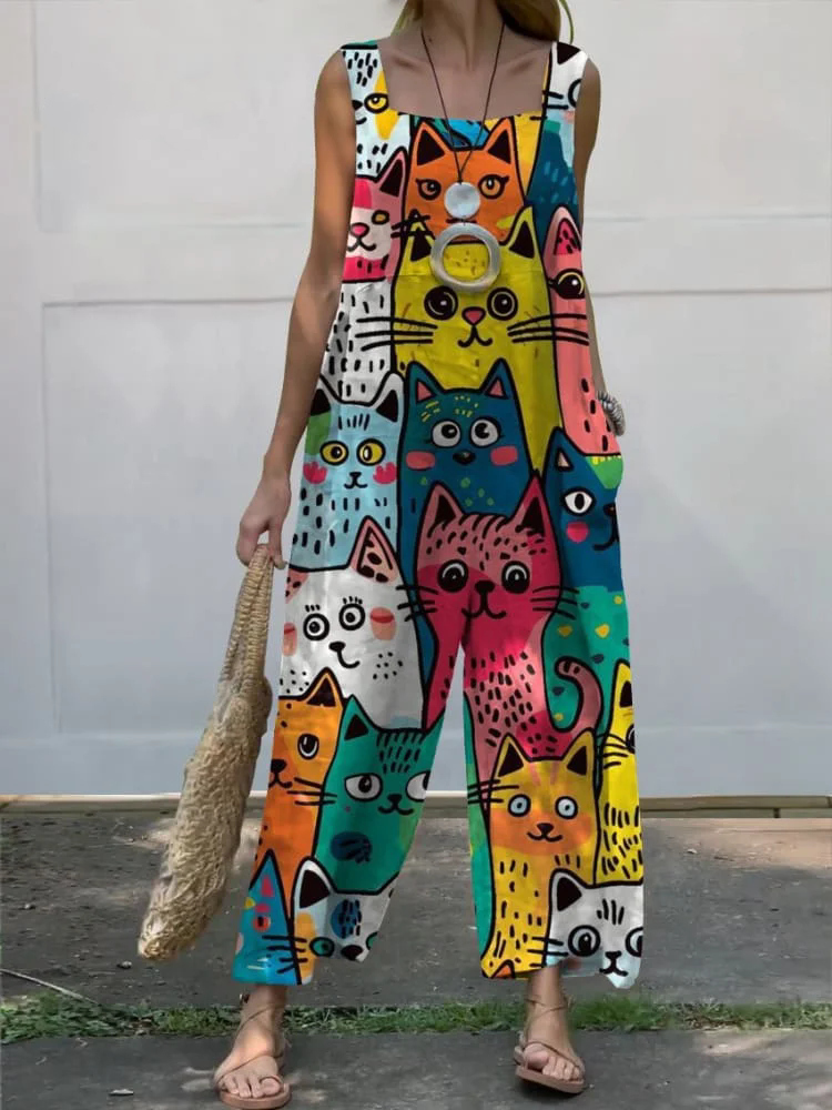 Women's Vintage Lovely Cats Art Print Casual 100% Cotton Wide Leg Jumpsuit