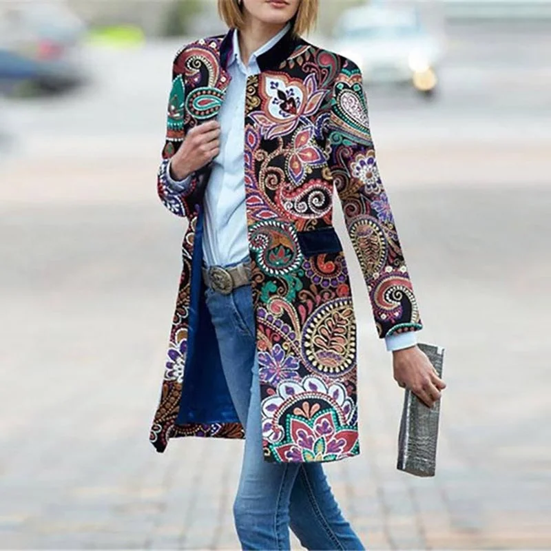 2021 S-3XL Women's Jacket Winter Loose Print Stand Collar Mid-length Jacket women Coat Vintage Long Sleeve Spring Windbreaker 117