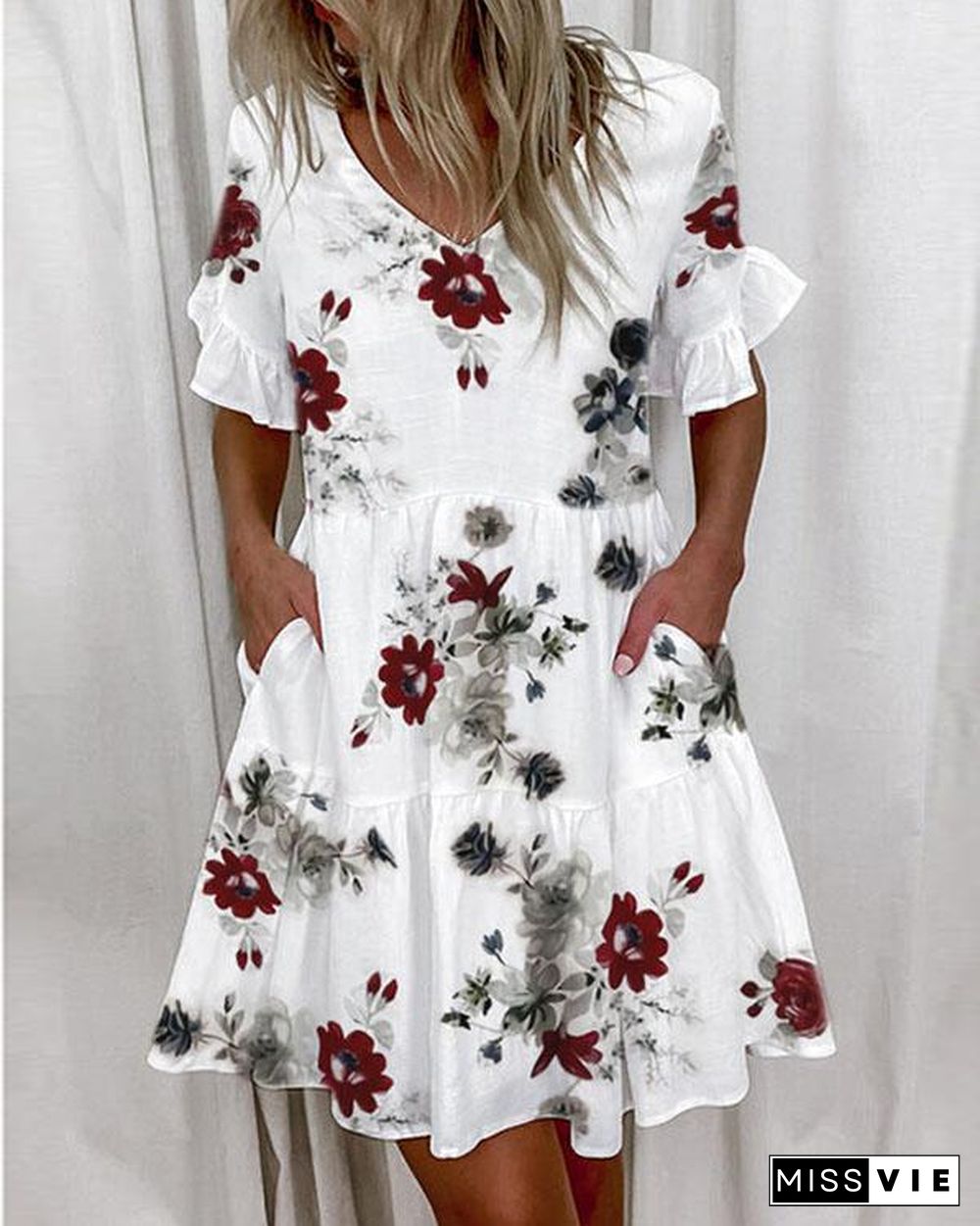 Women Print 1/2 Sleeves Shift Above Knee Casual Tunic Dresses