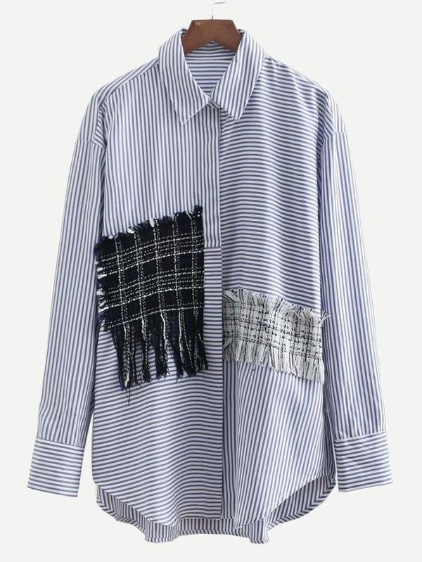 Fringe Trim Tweed Panel Striped Shirt