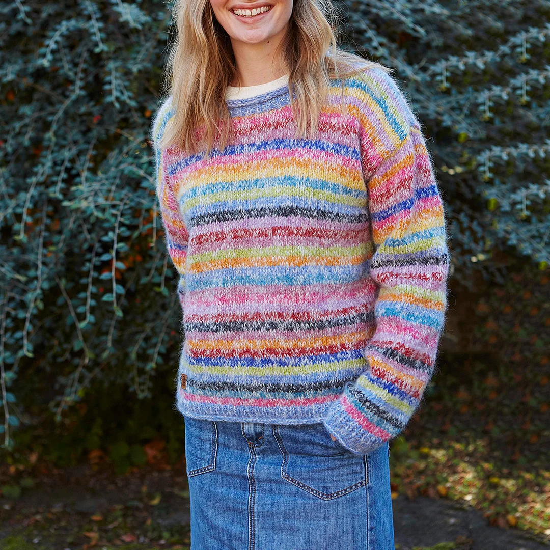 Vintage Mohair Rainbow Stripe Knit Jacquard Crew Neck Sweater