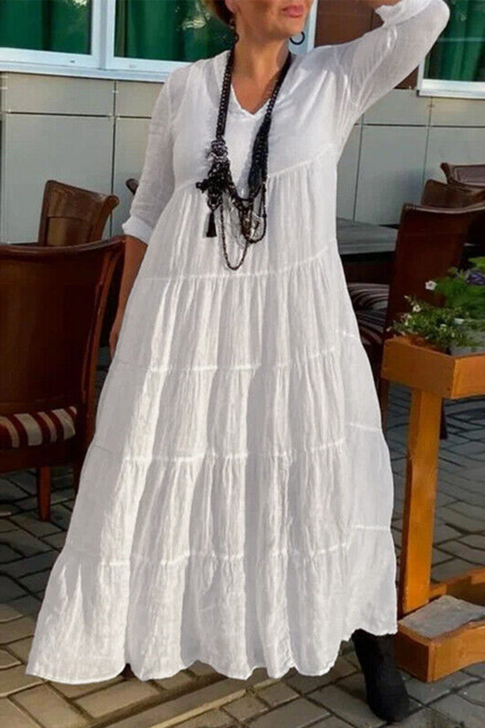 Plus Size Casual White Cotton And Linen Long Sleeve Tiered Maxi Dress 2024 - Flycurvy 