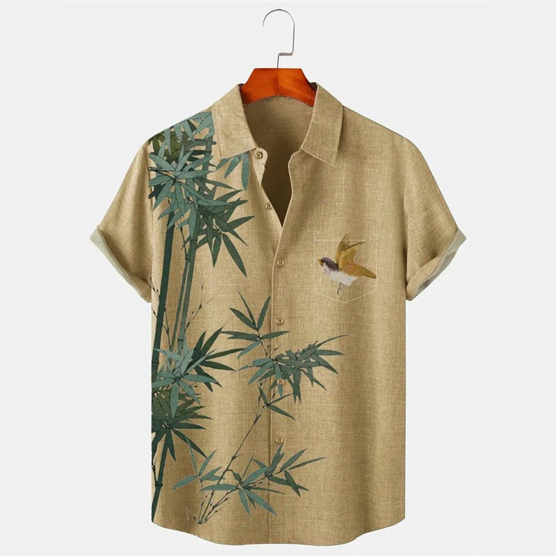 Men's Retro Bamboo And Birds Graphics Art Linen Blend Cozy Shirt