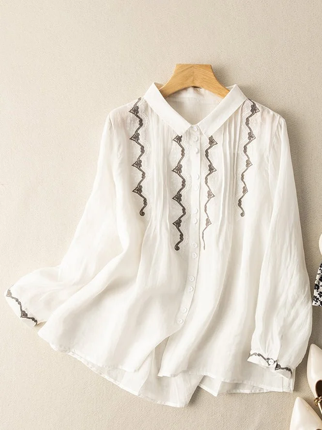 Loose Vintage Solid Embroidered Long-Sleeved Ramie Shirt