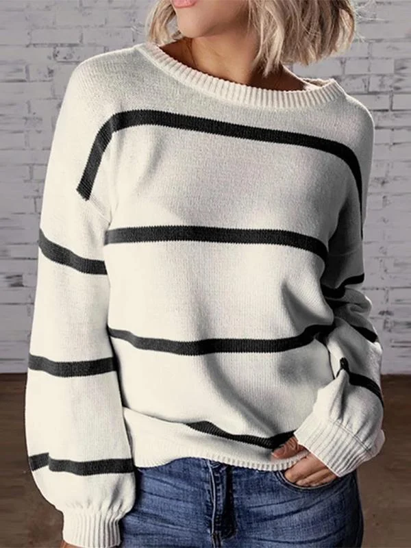 Round neck striped color-blocking knit sweater women