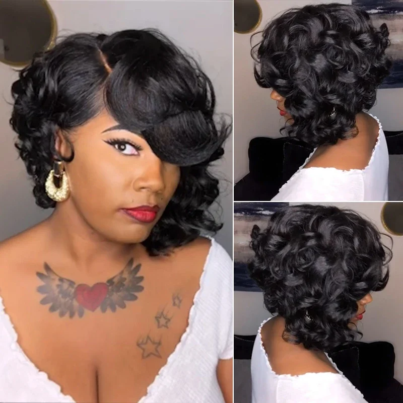 Fashion Wig Light Brown Curly Hair Oblique Bangs