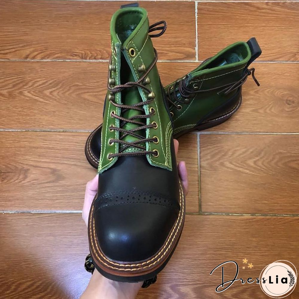 Genuine Genuine Leather Lace-Up Vintage High Quality Tooling White Ankle Boots Motorcycle Boots