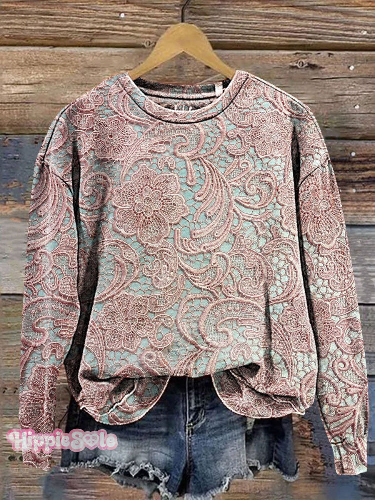 Lace Flower Art Print Sweatshirt Multicolor / S