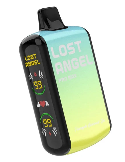 Lost Angel Pro Max 20K disposable vape with dual screen, teal to yellow gradient, black mouthpiece and base.