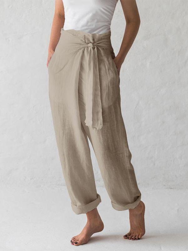 Cotton and linen solid color high-waist pleated casual pants-Mayoulove