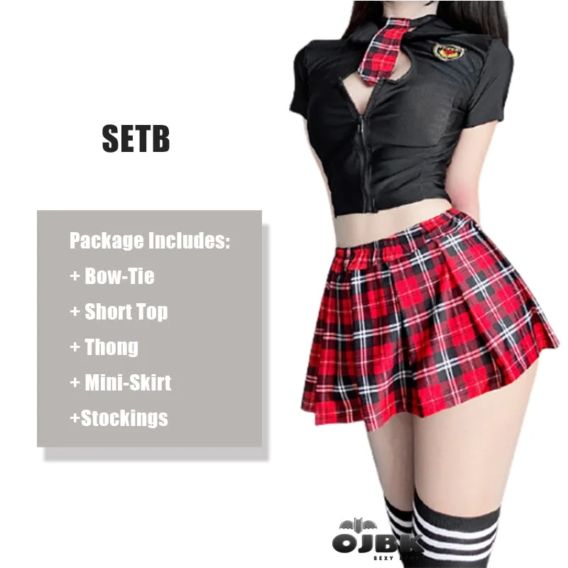 Tartan Patchwork Japanese Schoolgirl Cosplay Uniform Set Sexy JK Embroidery Pleated Role Playing Costume With Plaid Skirt Socks