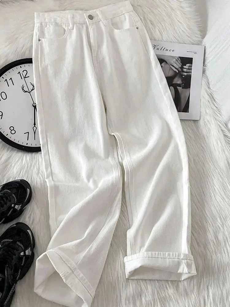 Oocharger High Waist Women White Jeans Fashion Korean Fall Wide Leg Denim Pants Casual Button Female BF Baggy Jeans New