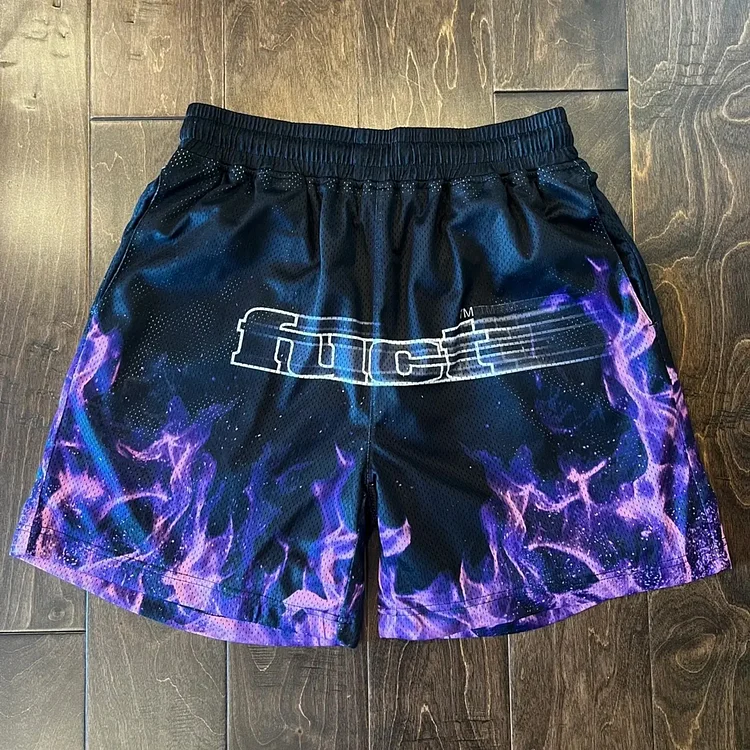 Sopula Purple Flame Letter Print Mesh Shorts