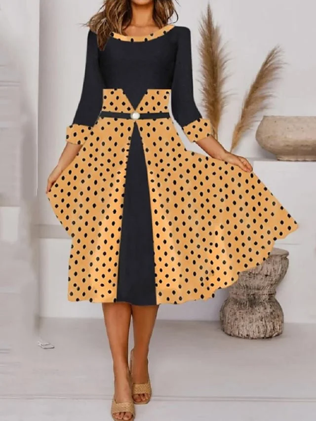 Women's Casual Dress Shift Dress Polka Dot Dress Midi Dress Yellow Green 3/4 Length Sleeve Polka Dot Print Winter Fall Autumn Crew Neck Stylish Fall Dress 2023 S M L XL 2XL