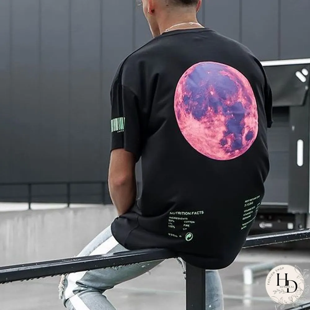 Fashion Moon Mens Black Graphic Vintage  Short Sleeved T Shirt