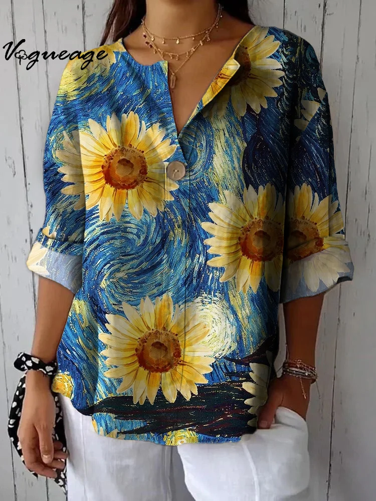 Oil Painting Impressionist Sunflower Printed Cotton And Linen Shirt
