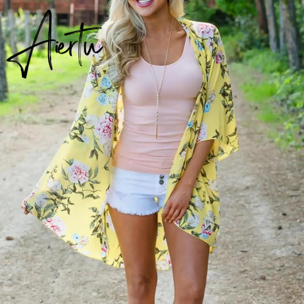 Casual Leaves Print Chiffon Kaftan Beach Cover Up Cardigan Shawl Swimwear Women Summer Swimsuit Pareos Cape Saida De Praia Aiertu