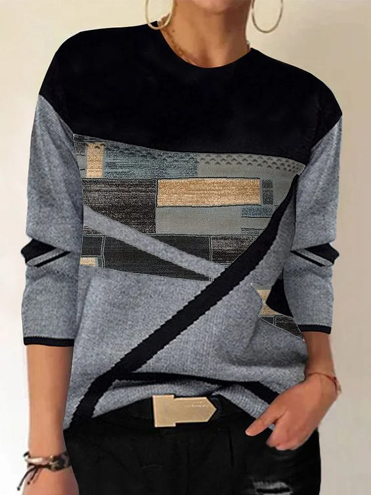 Grid Casual Crew Neck Tops