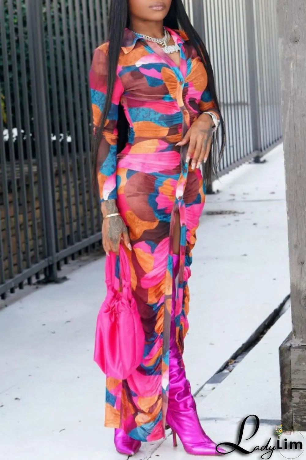 Multicolor Casual Print Fold Turndown Collar Shirt Dress Dresses
