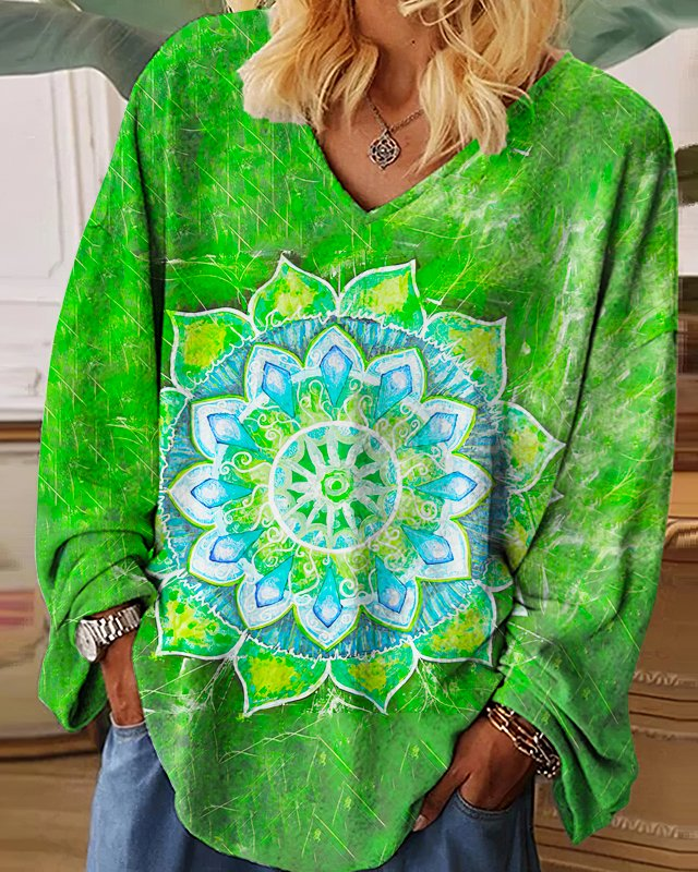 Women's V-neck Long Sleeve Printed Plus Size Top