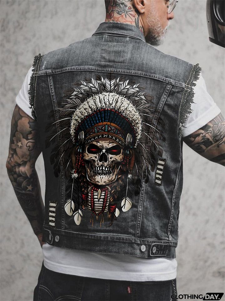 Tribal Style Chief Skull Print Men's Street Denim Vest