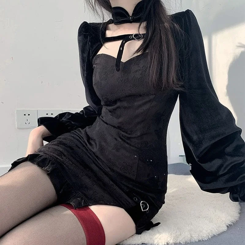 Sweet Elegant Black Open-Side Puff Dress ON659
