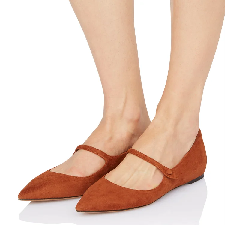 Tan Mary Jane Shoes Pointy Toe Flats Vintage Suede Shoes |FSJ Shoes