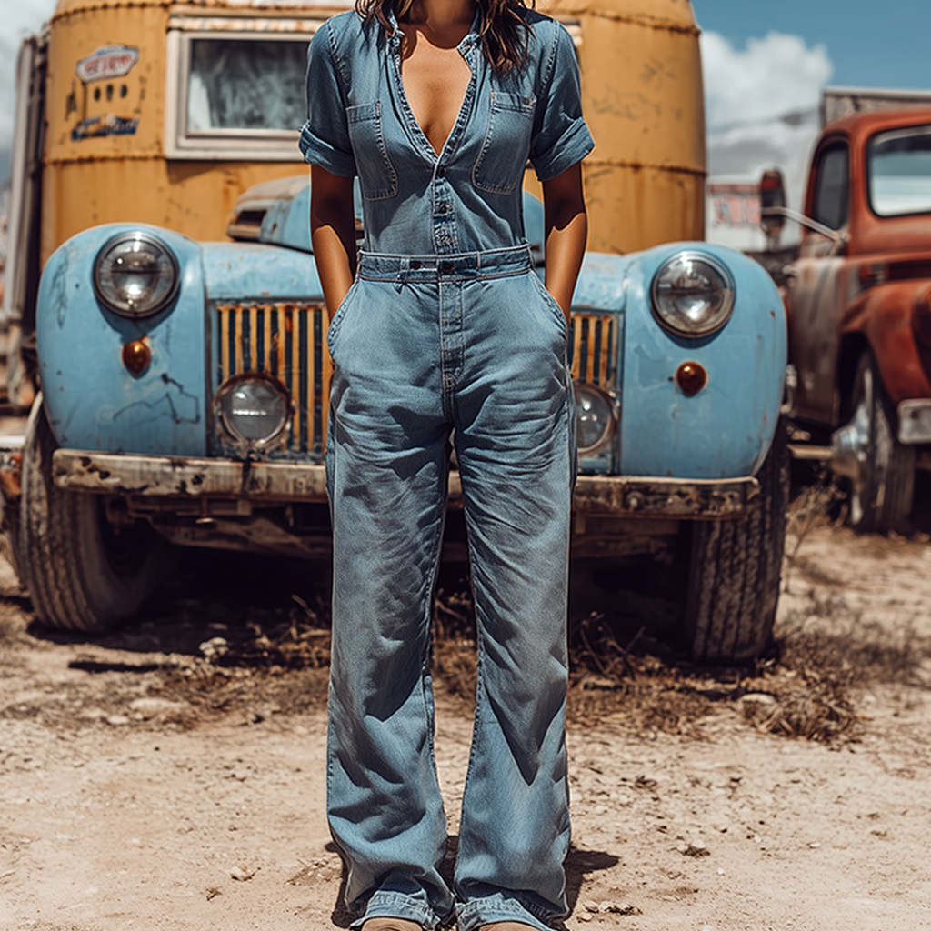 Women's Western Cowboy Style Outdoor Casual Denim Jumpsuit