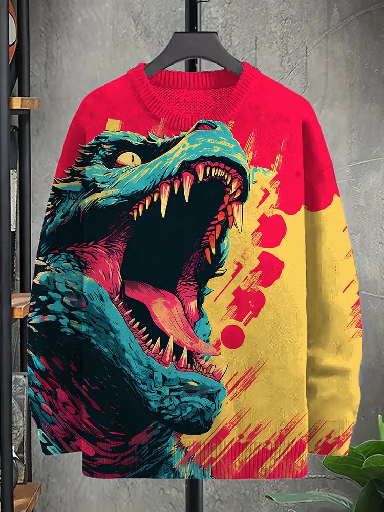 Men's Dinosaur Art Print Knit Sweatshirt