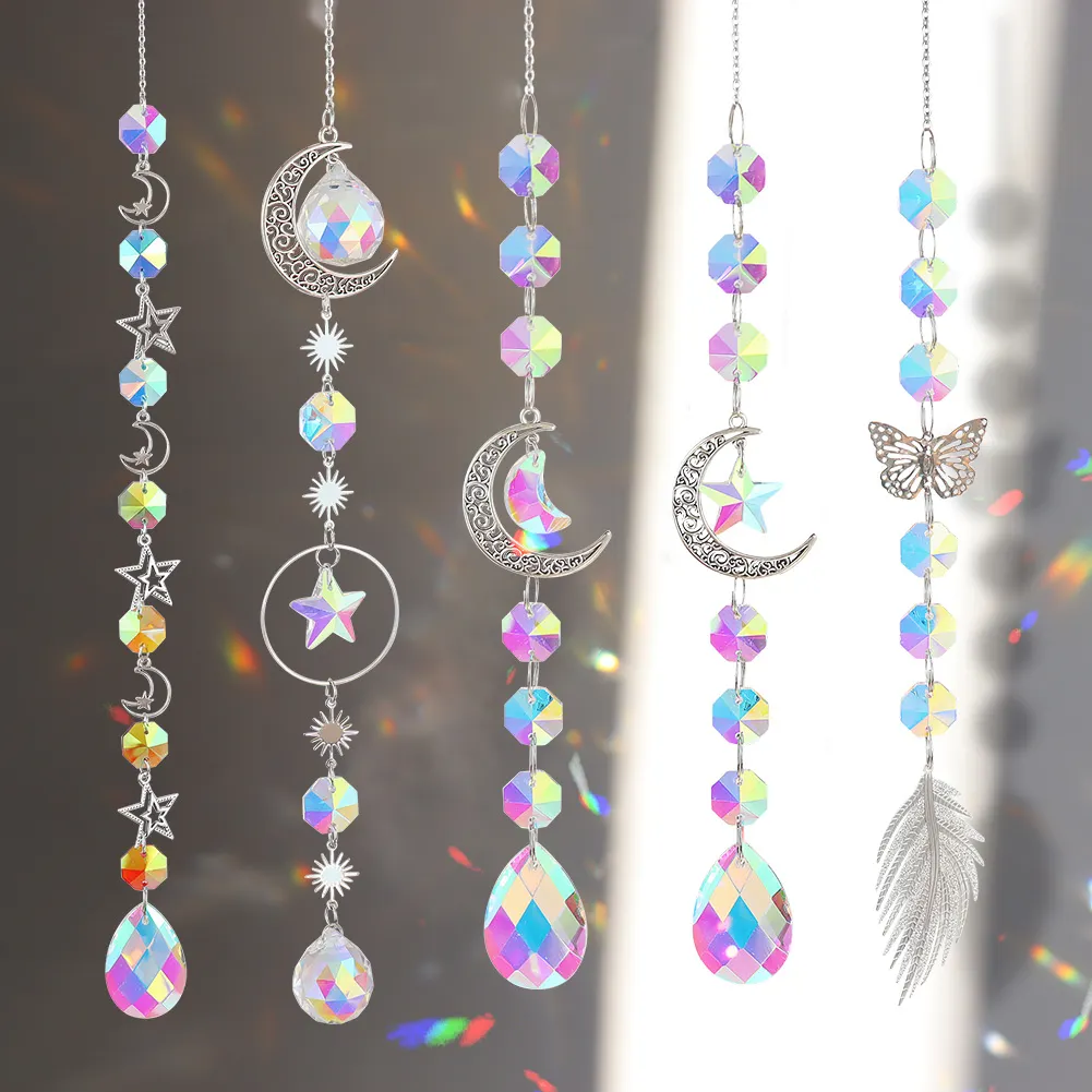 Crystal Windchime Ornament Hexagonal Feather Butterfly Hanging Wall Pendant