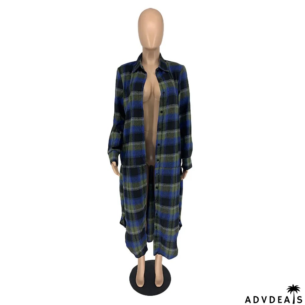 Women's Fashion Plaid Button Pockets Long Sleeve Slim Waist Coats