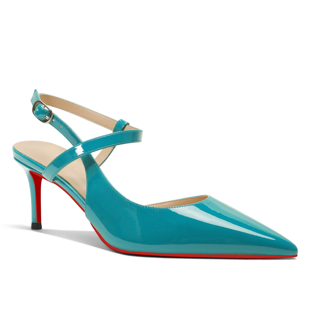 65mm Women Slingback Red Bottom Pumps Ankle Buckle Jenlove Stiletto Mid Heel Close Pointed Toe Dress Red Soles Sandals Shoes-MERUMOTE