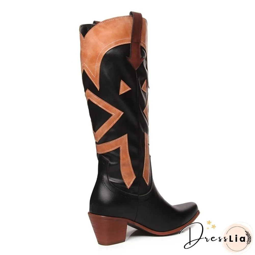 The New Style Western Cowboy Boots For Women Pointy Toe Cowgirl Boots Square Heels Knee High Boots Retro Women Boots