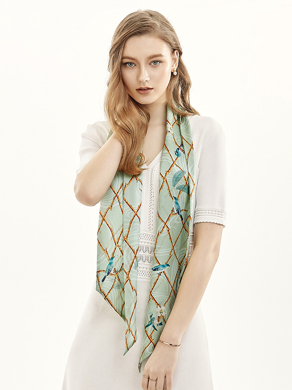 Foulard en soie élégant double face imprimé motif d'oiseaux-Soieplus