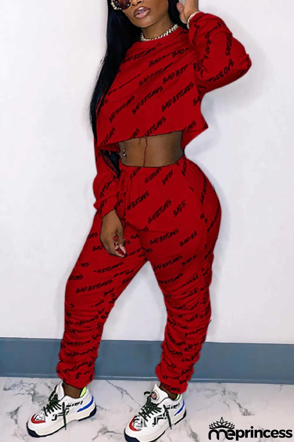 Red Street Print Fold O Neck Long Sleeve Two Pieces