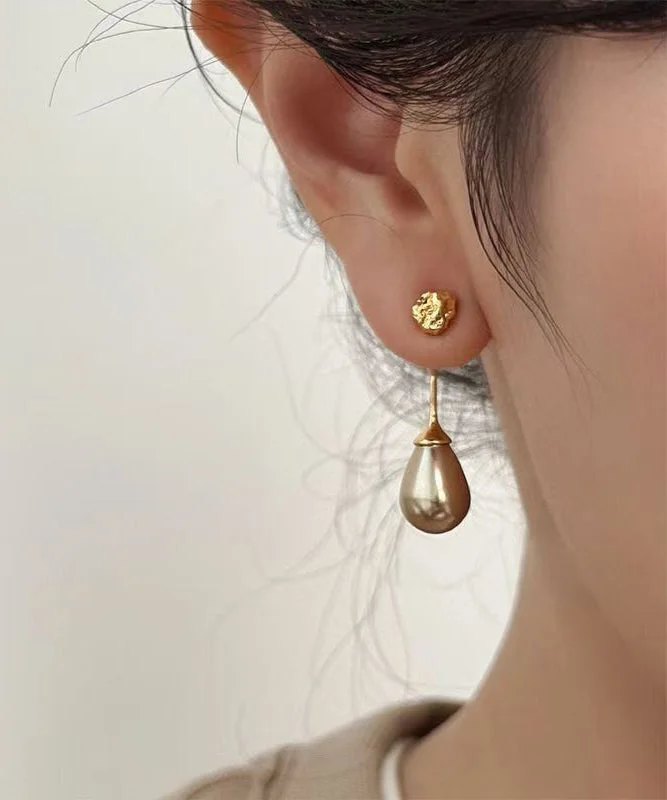 Fine Coffee Sterling Silver Overgild Pearl Water Droplet Drop Earrings