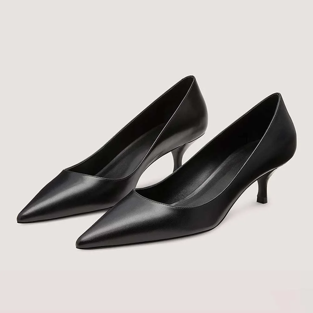 Black Classy Formal Vegan Leather Pointed Toe Kitten Heel Pumps Nicepairs