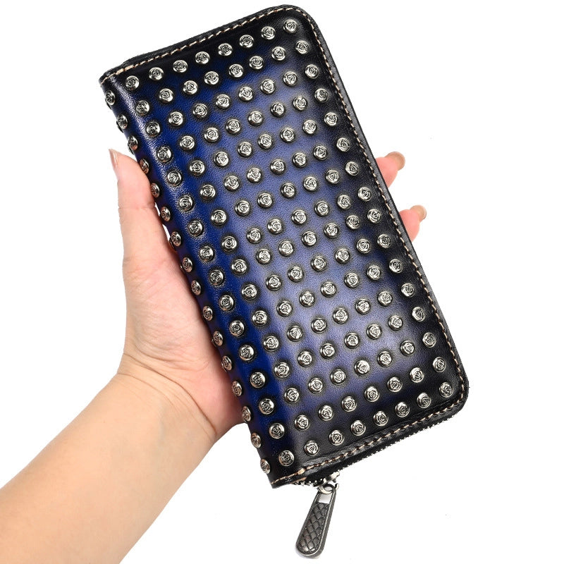 New Original Design Head Layer Cowhide Wallet Personalized Long Zipper Bag Friends Rock Motor Car Bag