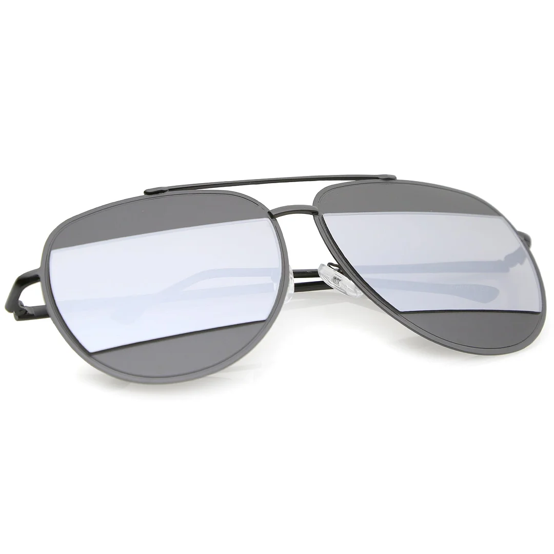 Two-Toned Metal Thin Temple Brow Bar Colored Mirror Split Lens Aviator glasses 57mm
