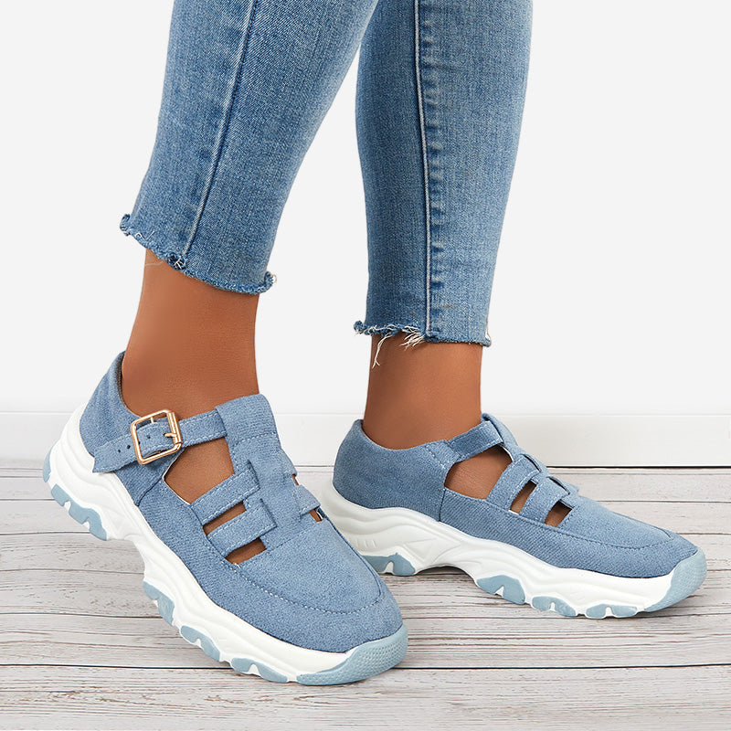 Women's Ankle Buckle Chunky Sneakers Casual Platform Walking Shoes