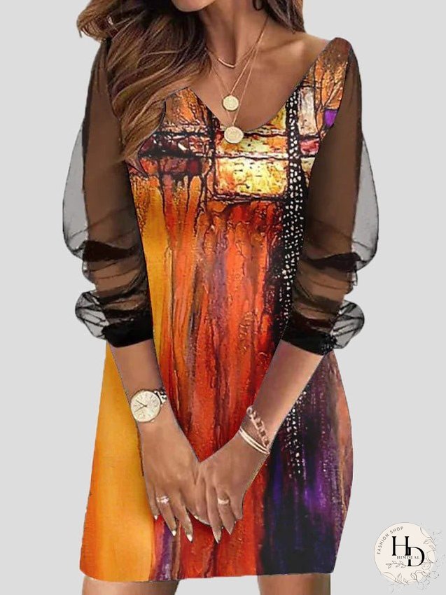 Dresses Printed Slim Fit Mesh Long Sleeve Dress for Women