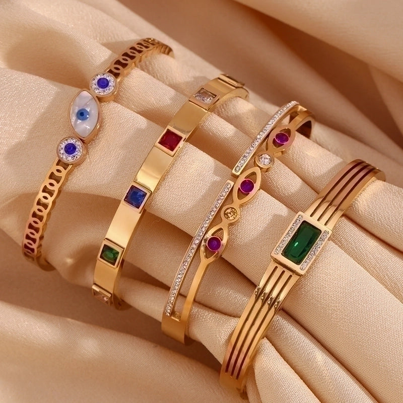 Classic Style Devil’s Eye Stainless Steel Plating Inlay Rhinestones 18k Gold Plated Bangle