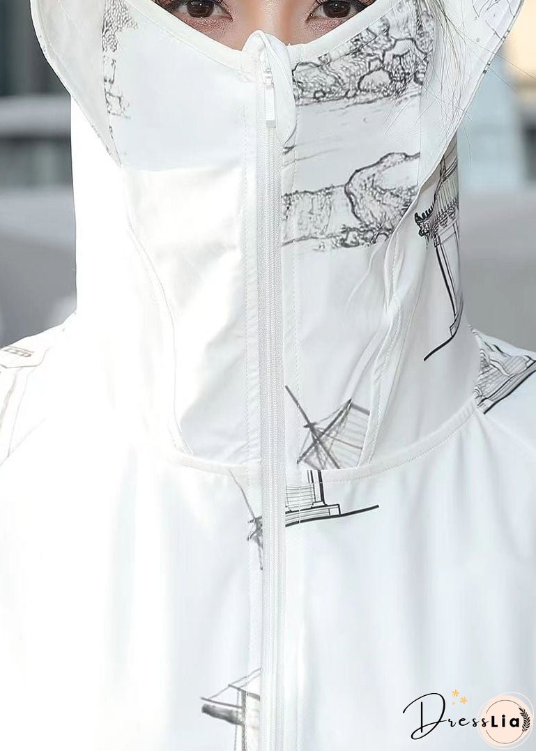 Style White Zip Up Pockets Print Patchwork Ice Silk UPF 50+ Coat Summer