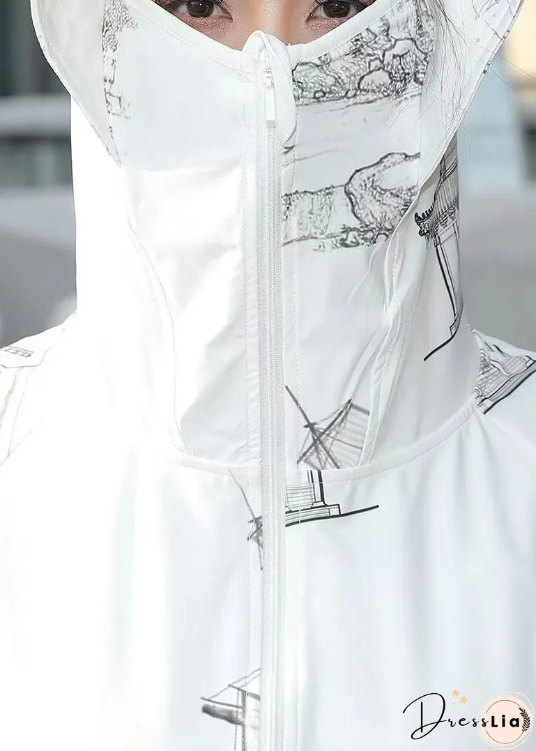 Style White Zip Up Pockets Print Patchwork Ice Silk UPF 50+ Coat Summer