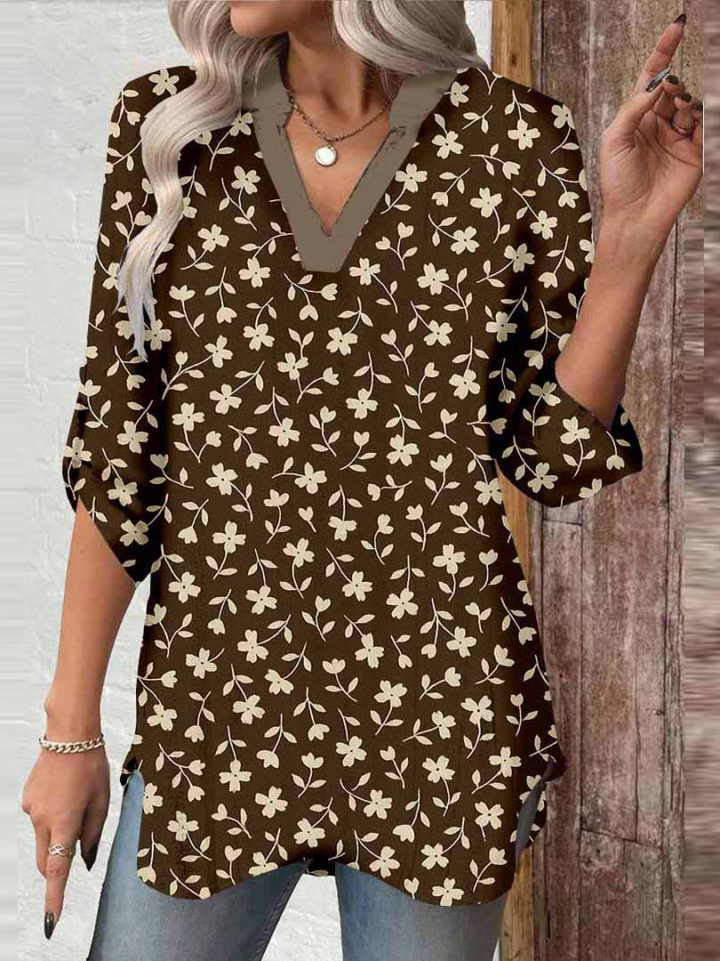 Women Floral,Beige DZGA0018 3/4 Sleeve V-neck Printed Graphic Button Tops